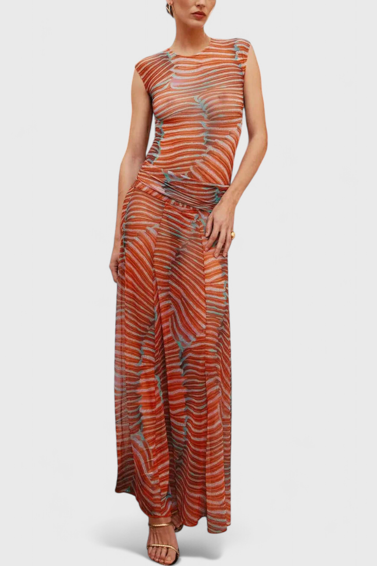 Silvina Set in Vibrant Psychedelic Wave Print with Flowing Midi Skirt