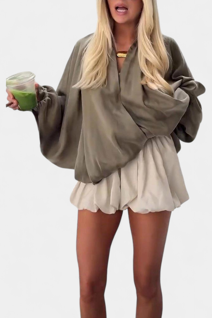 Olive Maude Blouse with Puff Sleeves and Structured Design