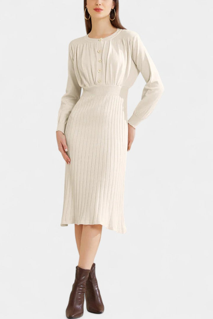 Arsina Ribbed Midi Dress with Lantern Sleeves and Round Neckline