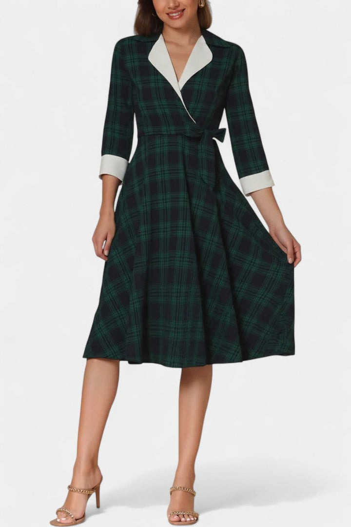 Marcelline Checkered Midi Dress with Flared Hem, Lace Accents, and 3/4 Sleeves