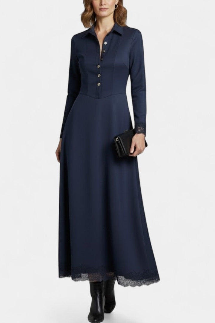 Elegant Long Suede Robe with Shirt Collar and Lace Details