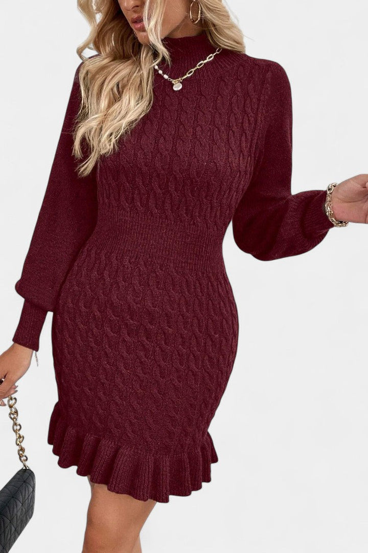 Eglantina High Neck Mini Bodycon Knit Dress with Ruffle Details