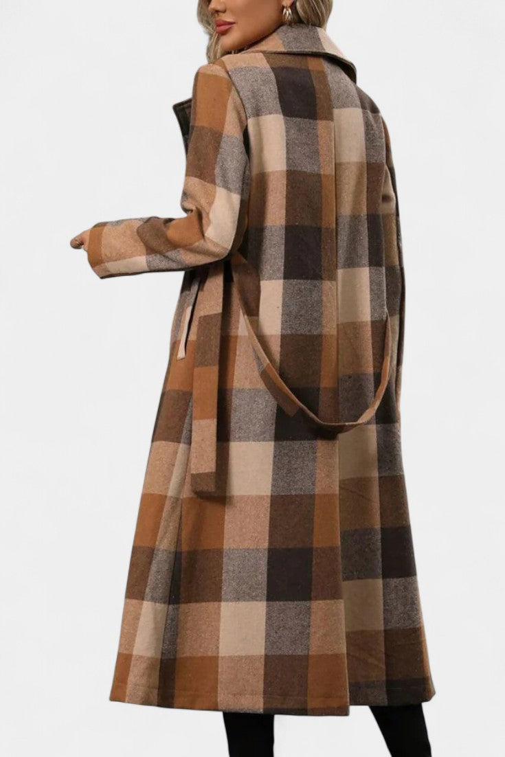 Mélissandre Double-Breasted Long Coat with Notched Collar and Check Pattern