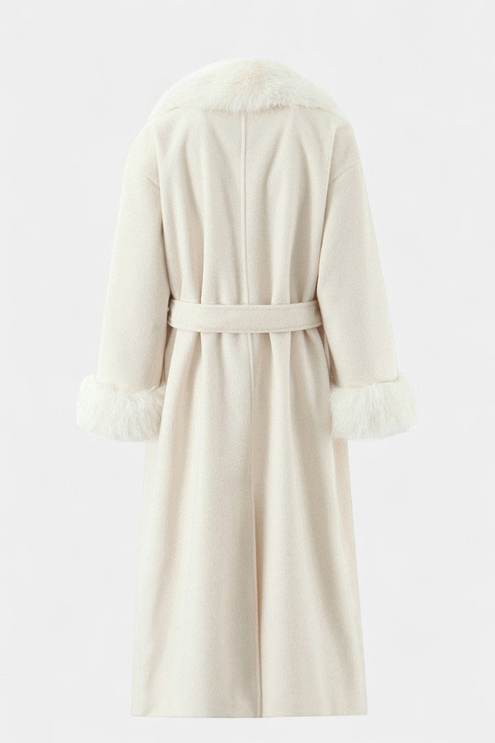 Lalie Long Coat with Belt and Faux Fur Trim