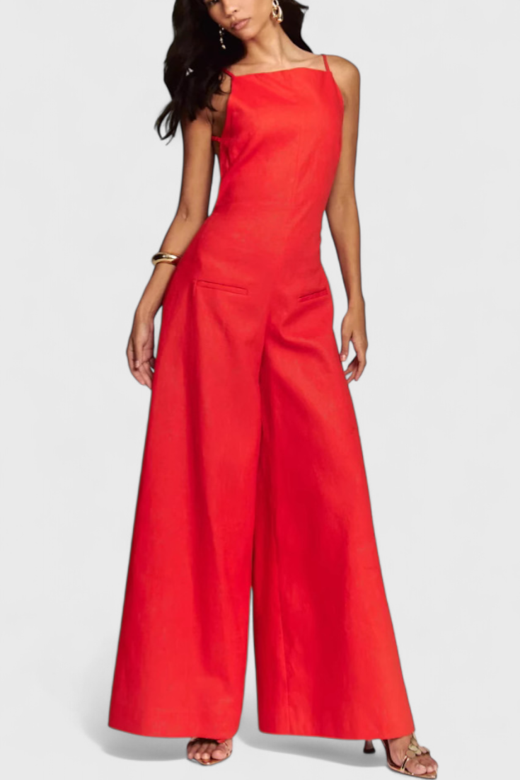 Belén Ramie Wide-Leg Halter Jumpsuit with Straight Neckline