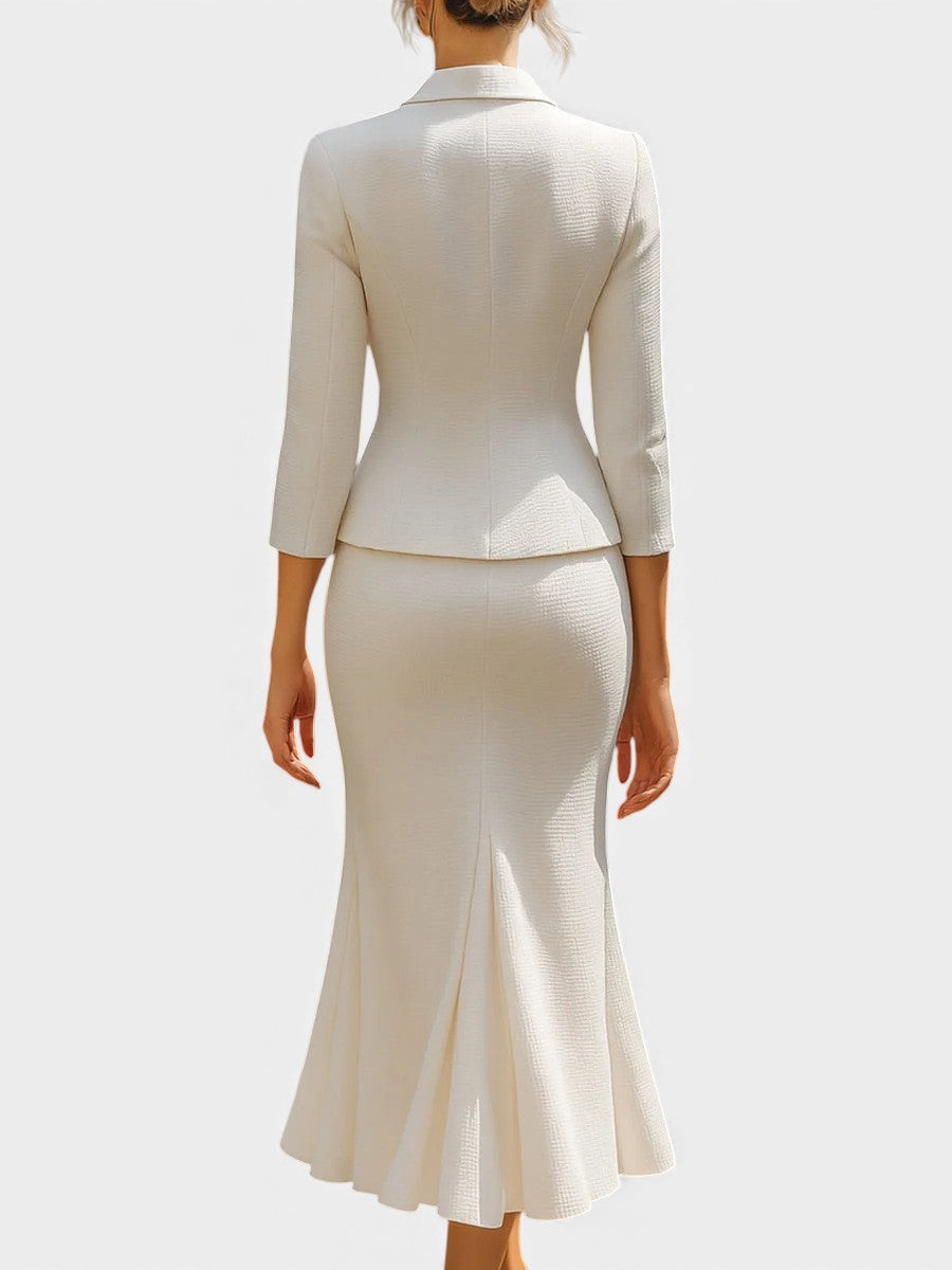 Natalina Chic Ecru Tailored Suit with Flowing Long Wrap Skirt