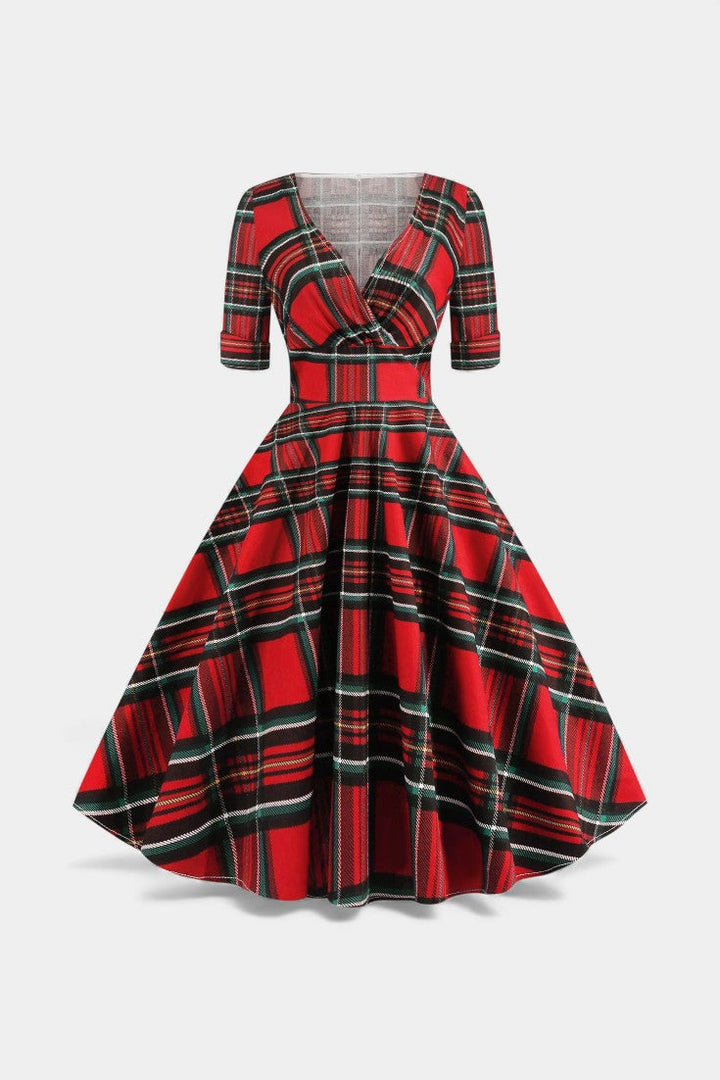 Véra Plaid Print Midi Flared Dress with Elegant V-Neck
