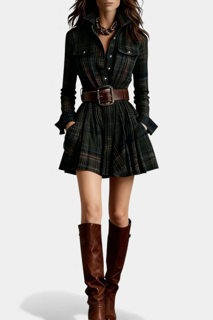 Bogdana Vintage-Inspired Mini Checkered Dress with Belt