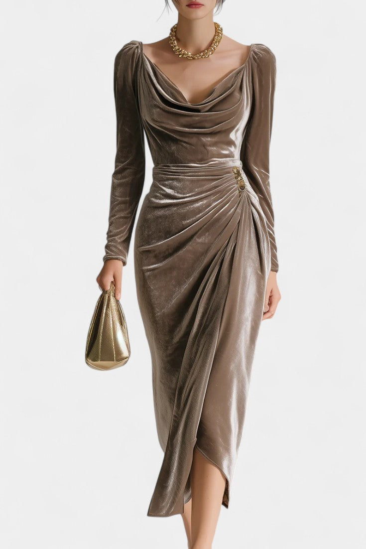 Chérane Velvet Midi Dress with Ruched Neckline and Tulip Hem