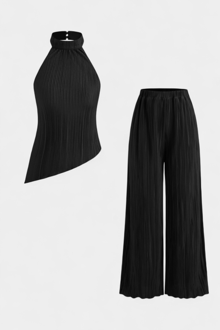 Pilarica Halter Neck Asymmetrical Top with Wide-Leg Pants Set