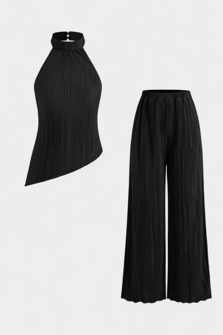 Pilarica Halter Neck Asymmetrical Top with Wide-Leg Pants Set