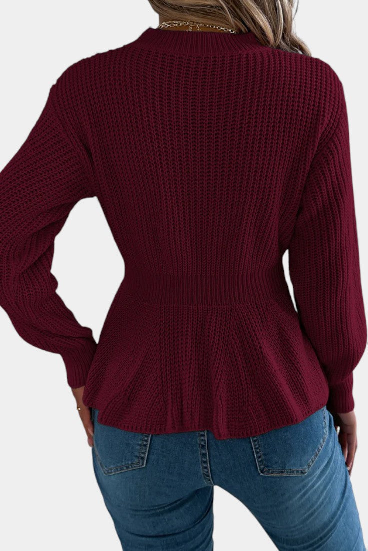 Alix Round Neck Peplum Sweater with Twisted Knit Design