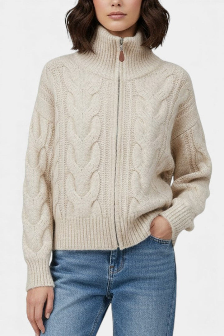 White High-Neck Cable Knit Zip Vest