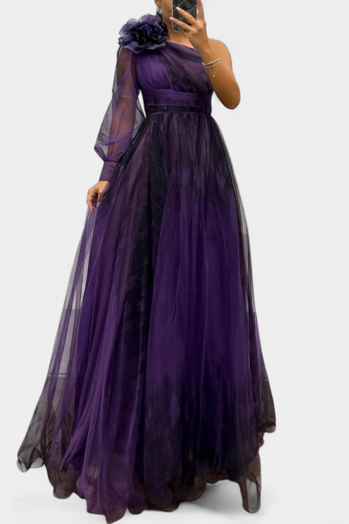 Becca Asymmetrical Chiffon Dress with Elegant Floral Detail