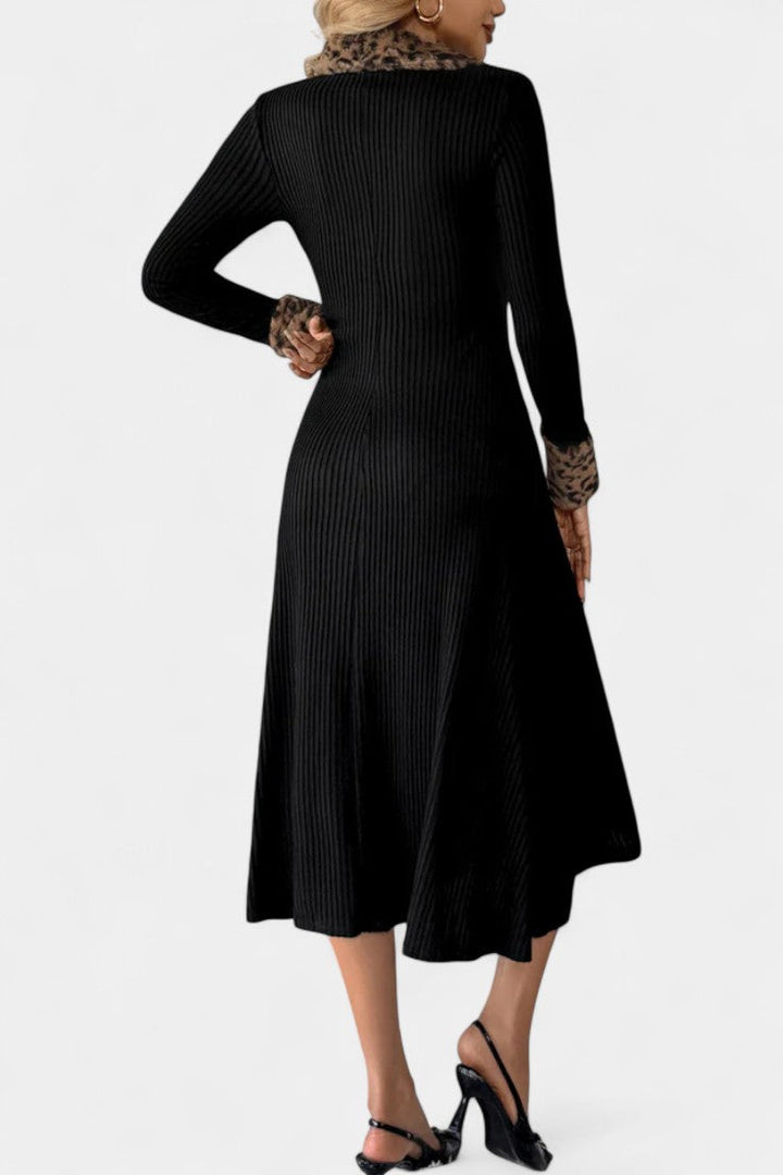 Héloïse Long Sleeve Midi Dress with Textured Fabric and Leopard Patchwork