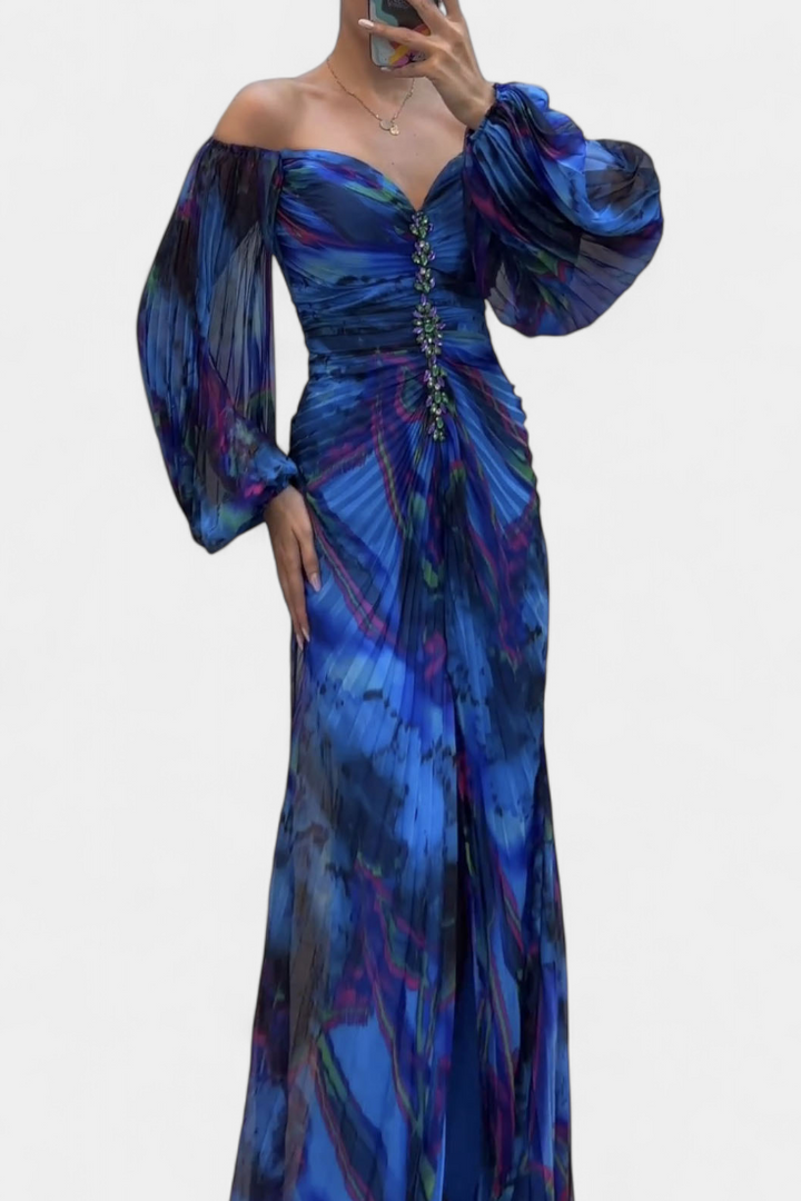 Quintessa Off-Shoulder Pleated Evening Gown with Puff Sleeves