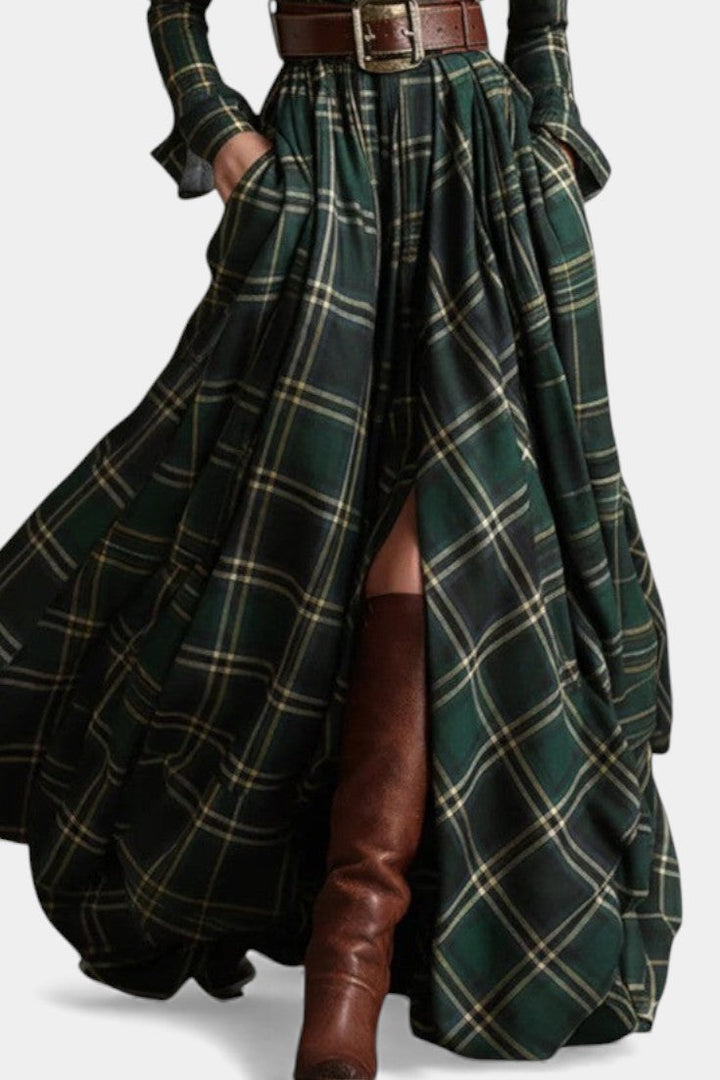 Eustelle Green Plaid Maxi Dress with Collar