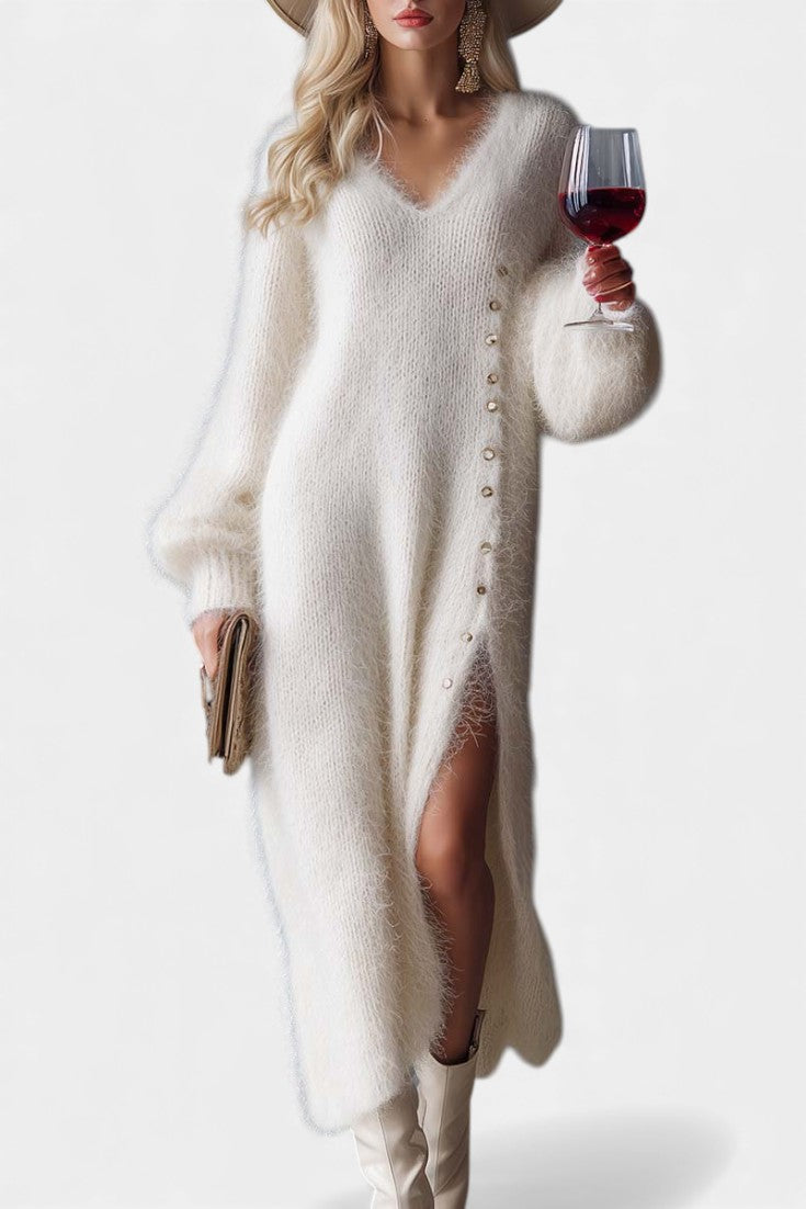 Méthilde Faux Fur Midi Dress with Knitted Design and Metal Buttons