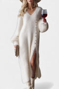 Méthilde Faux Fur Midi Dress with Knitted Design and Metal Buttons