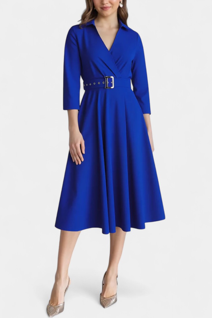 Constance Tailored Collar Midi Dress with 3/4 Sleeves and Belt