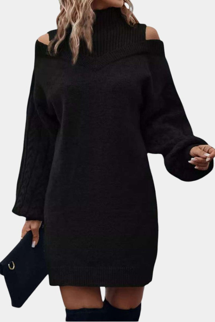 Léonisse Off-Shoulder Mini Knit Dress with High Collar