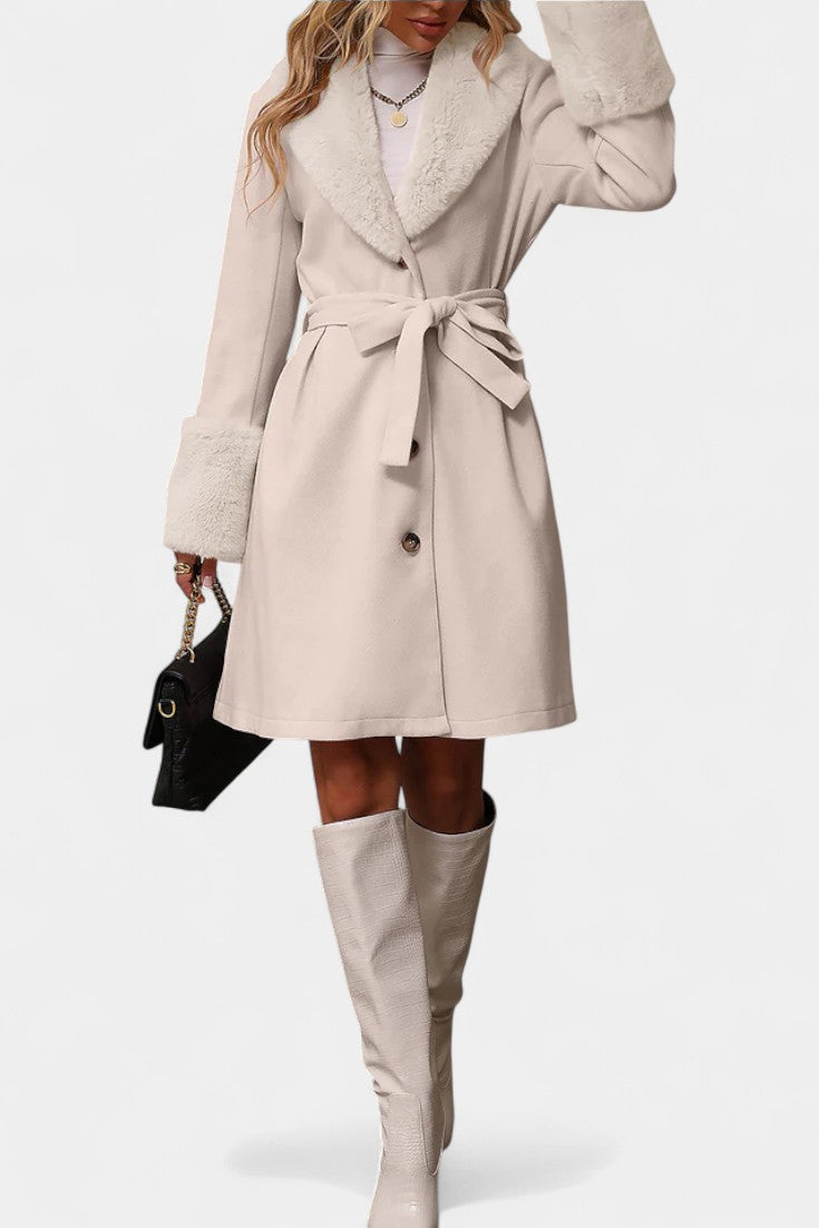 Colombine Belted Trapeze Coat with Faux Fur Accents
