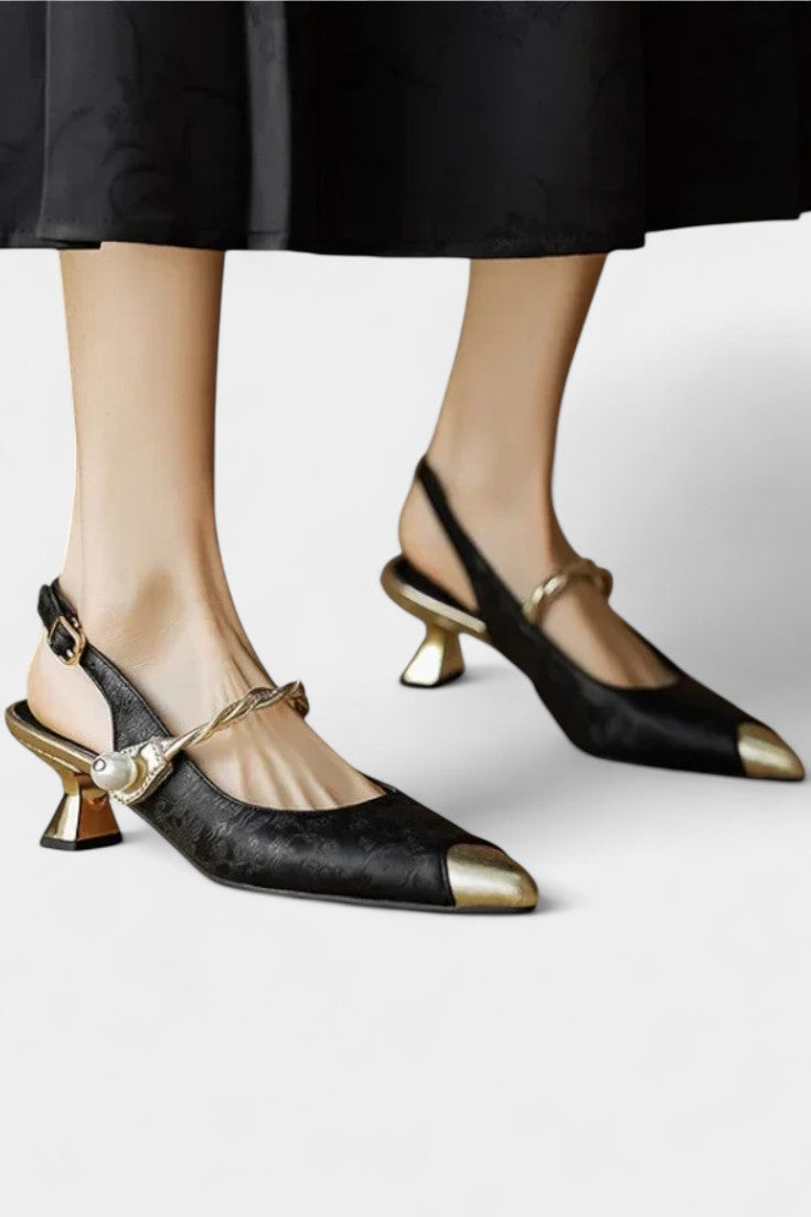 Beaded Strap Molette Mary Janes with Elegant Curved Kitten Heel