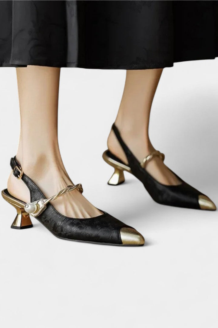 Beaded Strap Molette Mary Janes with Elegant Curved Kitten Heel