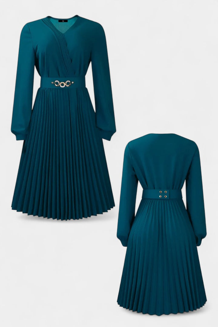 Lucie Long Sleeve Midi Dress with Pleats and Belt