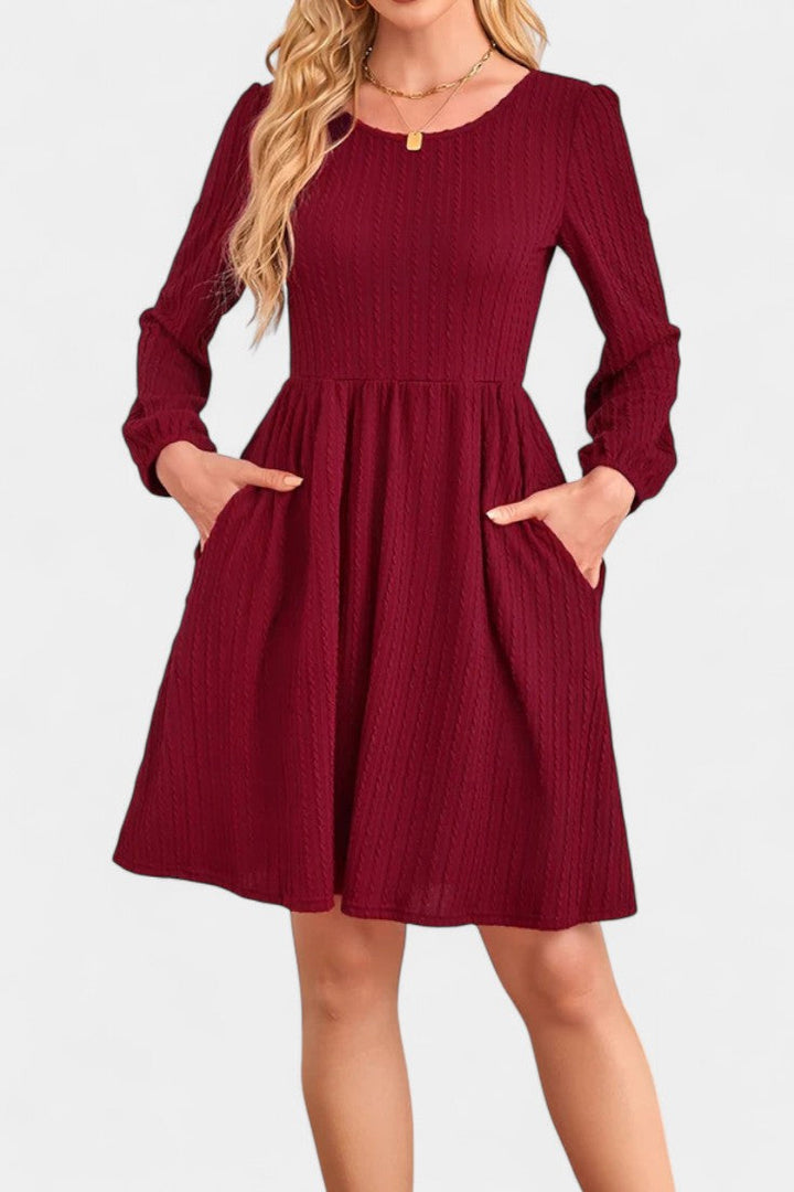 Dorothée Long Sleeve Textured Flared Dress with Round Neck