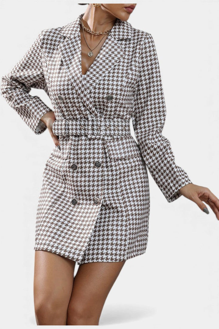 Checkered Tailored Dress with Lapels and Belt by Maddy