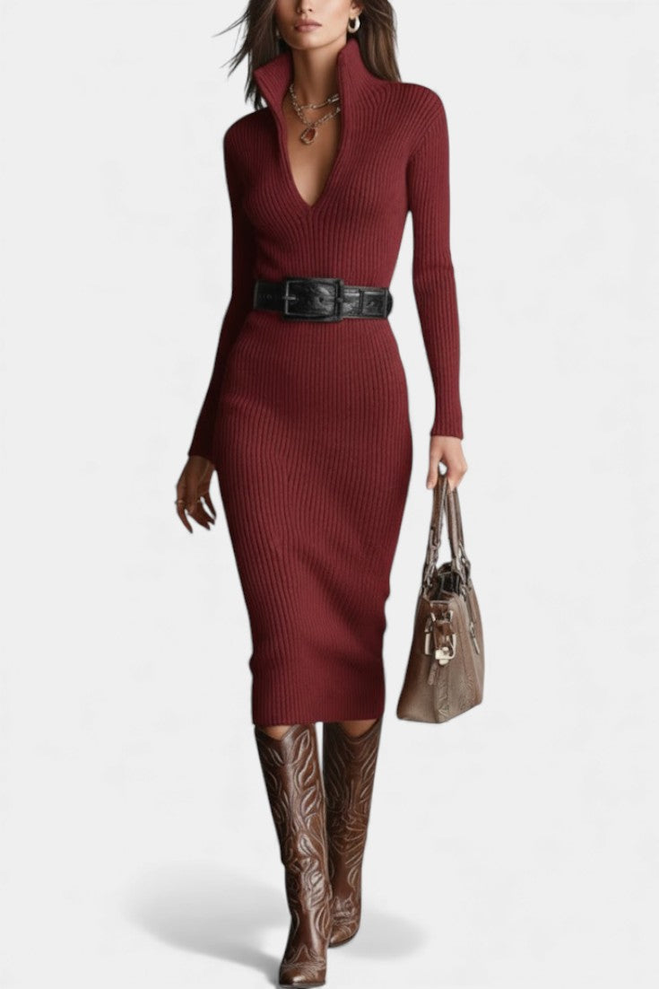 Susana Fitted Midi Knit Dress with Half-Roll Collar and V-Neck - Beltless Design