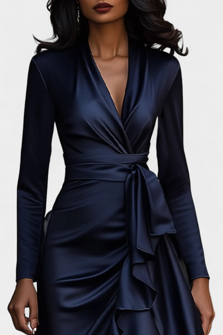 Isabeau Satin Dress featuring Ruffled Hem and Adjustable Belt