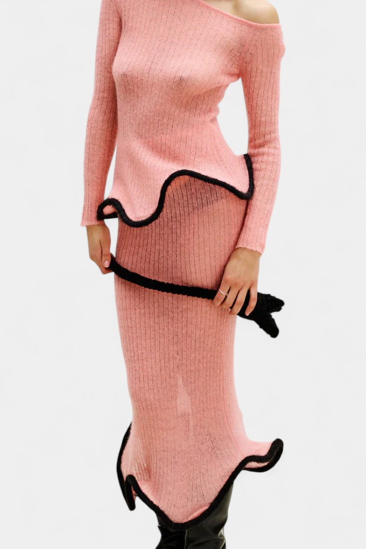 Stormi Asymmetrical Knit Set with Ruffled Trim and Shimmering Midi Skirt