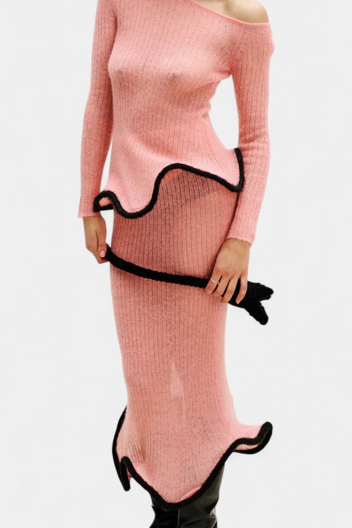 Stormi Asymmetrical Knit Set with Ruffled Trim and Shimmering Midi Skirt