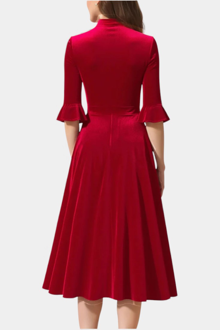 Domitille Vintage Midi Velvet Dress Featuring Ruffled Sleeves and a Chic Bow