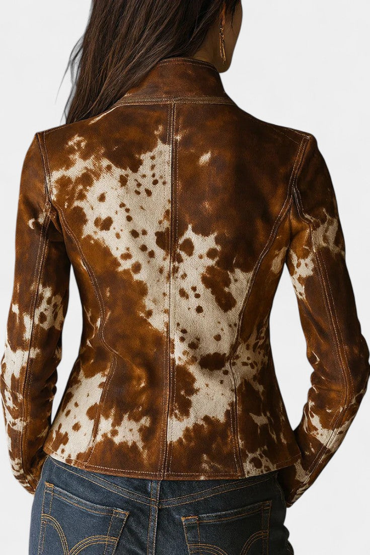 Ophira Cow Print Suede Slim Jacket with Vintage High Collar