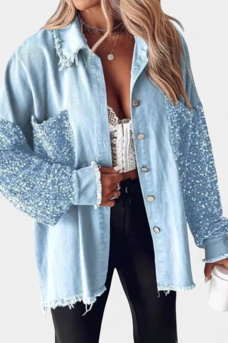 Birgit Oversized Jean Jacket with Frayed Hem and Sequin Accents