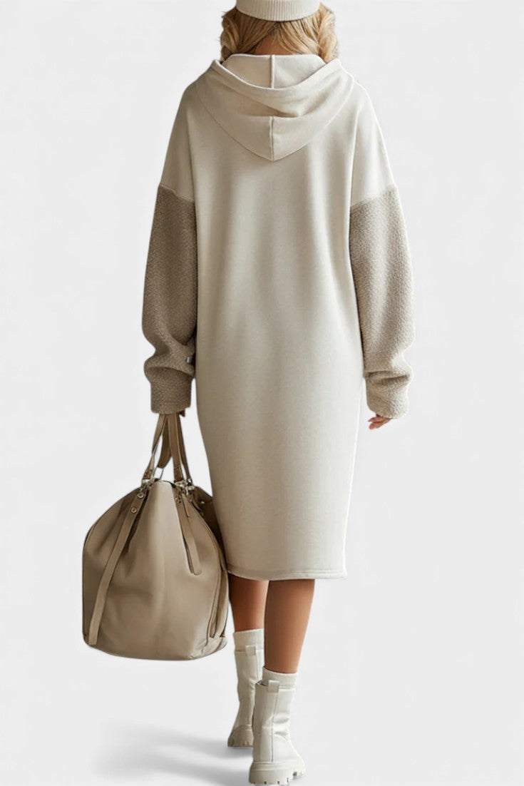 Ivayla Beige Hooded Midi Sweatshirt Dress in Fleece