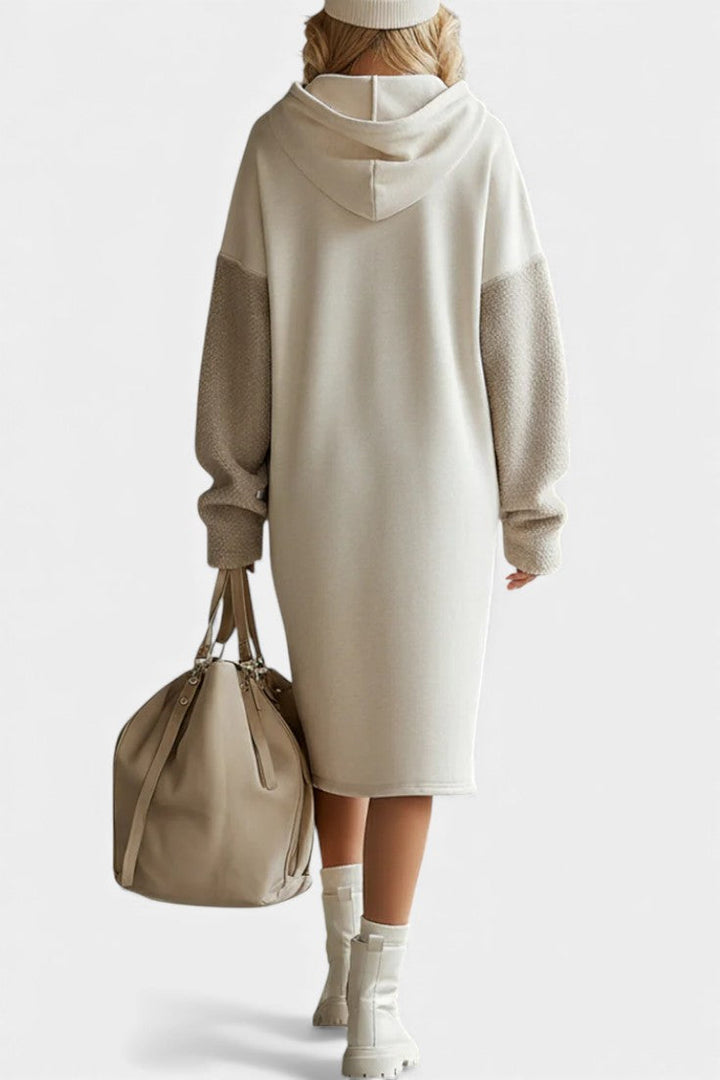 Ivayla Beige Hooded Midi Sweatshirt Dress in Fleece