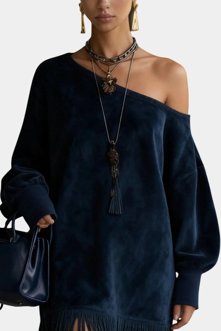 Iseult Off-Shoulder Navy Suede Dress with Fringed Hem