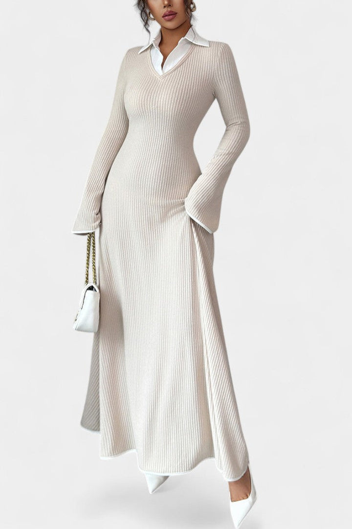 Élodiane Two-Tone Knit Maxi Dress with Collared Neckline