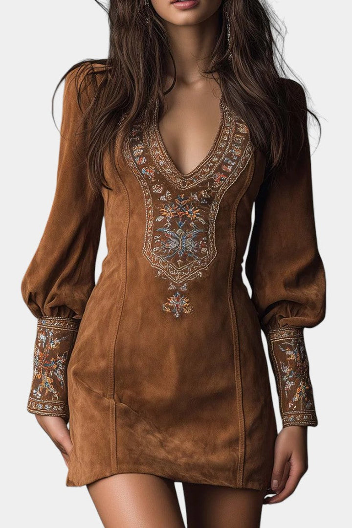 Embroidered Suede Anceline Mini Dress with a Vintage Flair
