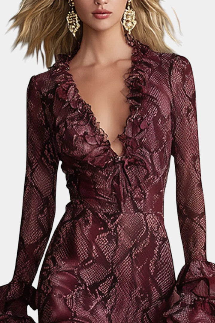 Amisana Bordeaux Maxi Chiffon Dress with Snake Print and Ruffle Details