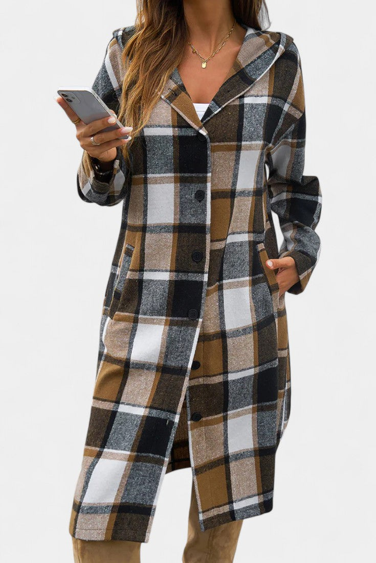 Sandrine Hooded Jacket with Button Closure in Brushed Check Design