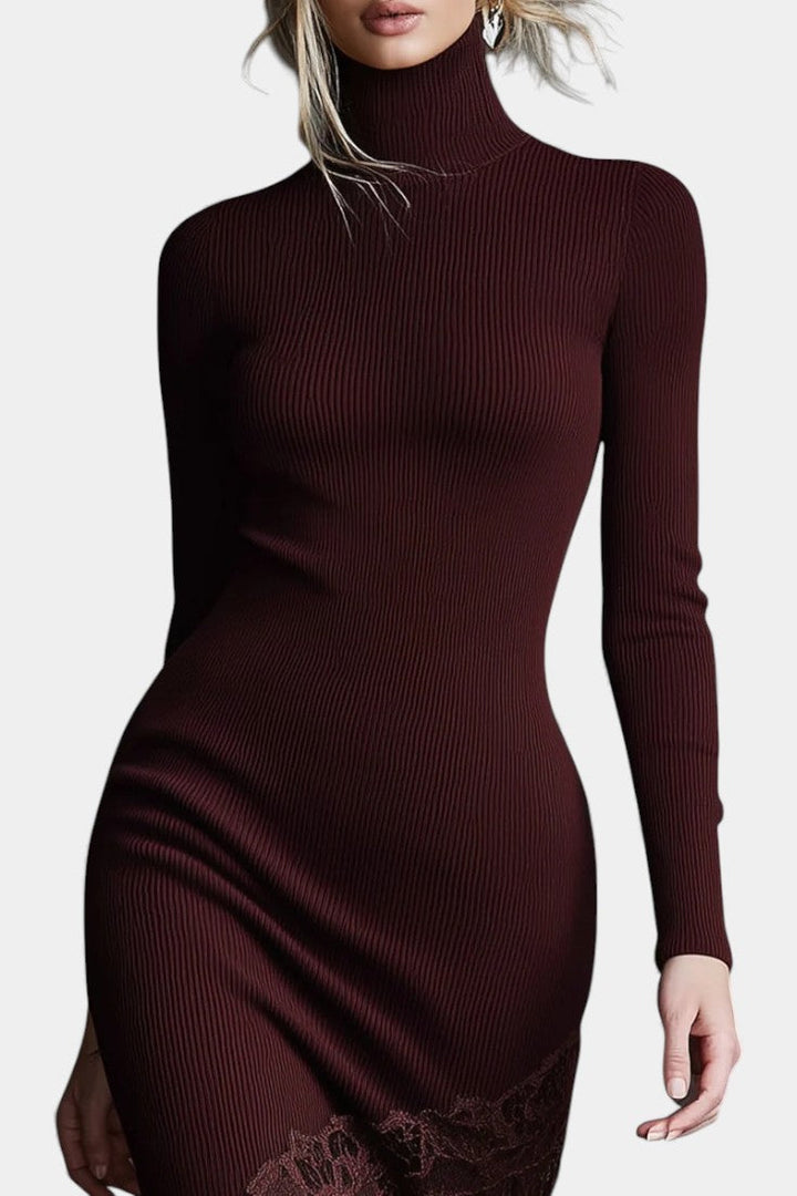 Avaria Burgundy Knit Maxi Dress Featuring High Collar and Lace Trim