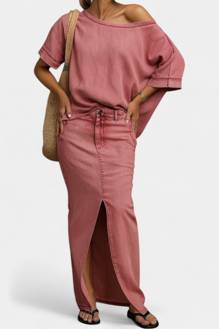 Apolonia Asymmetrical Denim Set with Long Skirt