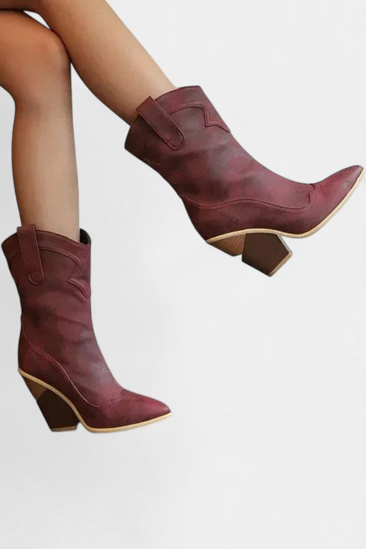 Pointed Toe Soft Leather Western Ankle Boot with Block Heel