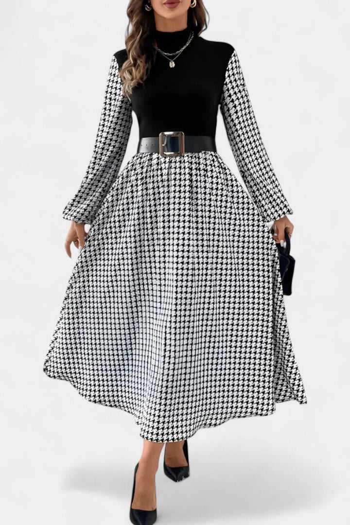 Lauriane High-Collar Midi Flared Dress in Houndstooth Print