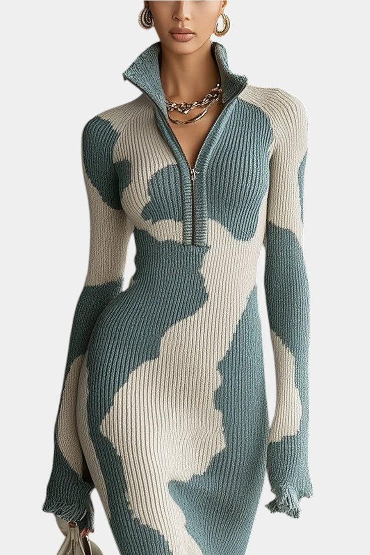 Kalinda Graphic Knit Midi Dress with Zip Collar
